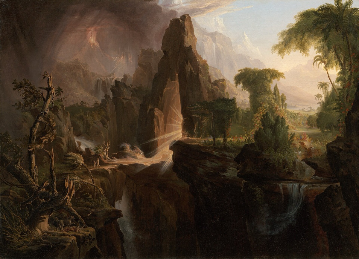 Adam and Chava leaving the Garden of Eden, the guarded gate glowing behind them