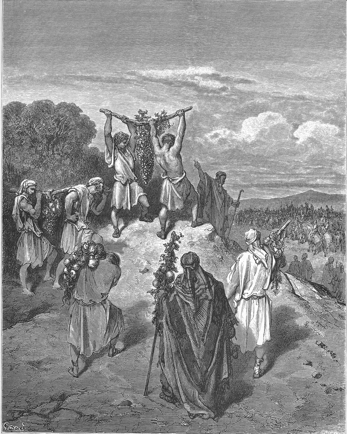 Two men carrying an enormous cluster of grapes on a pole between them, returning from the land with the other spies