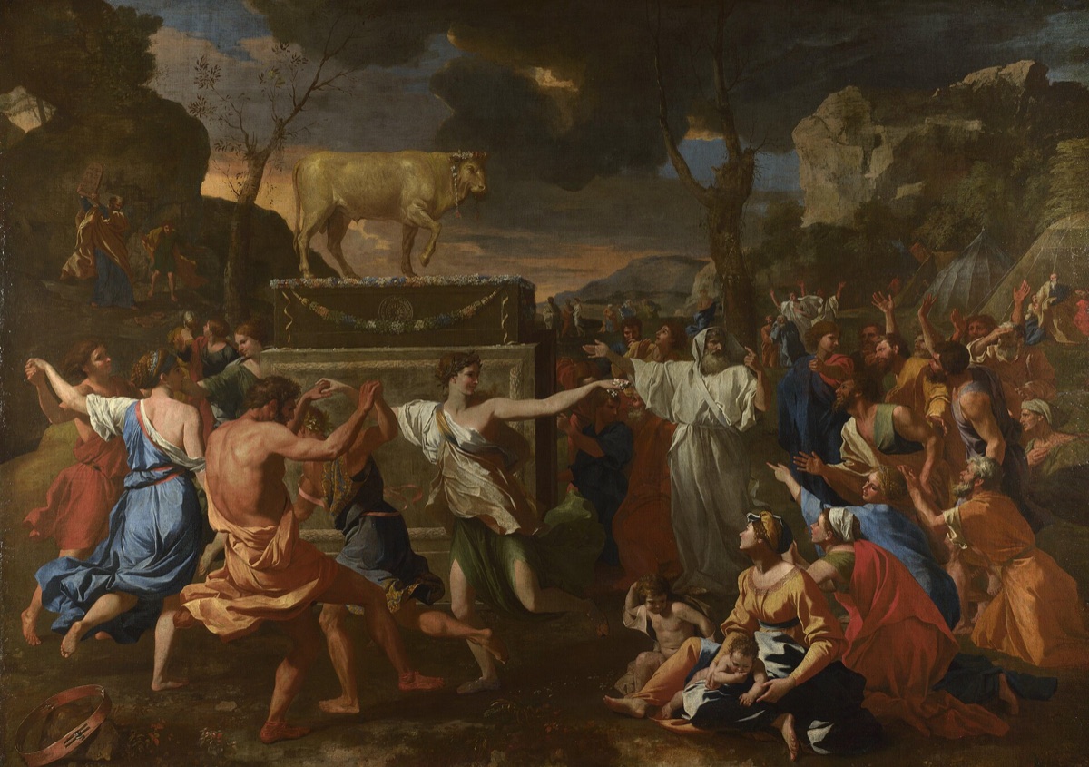 The Israelites dancing around the Golden Calf, with Aaron gesturing toward it