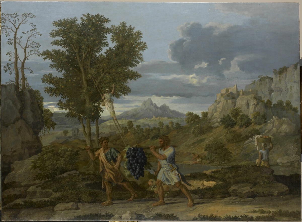 Two spies carrying a giant cluster of grapes on a pole