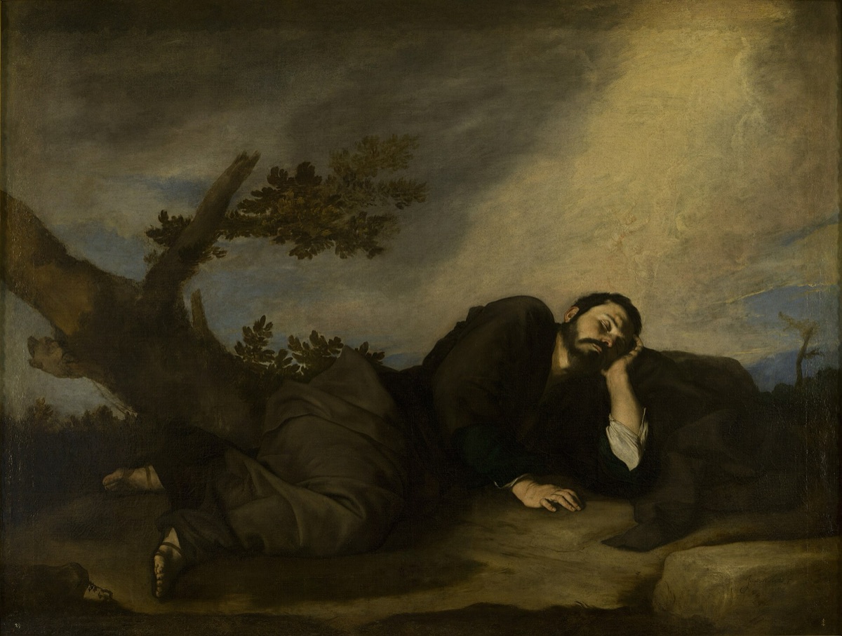 Yaakov asleep on the ground, dreaming, with a stone beneath his head